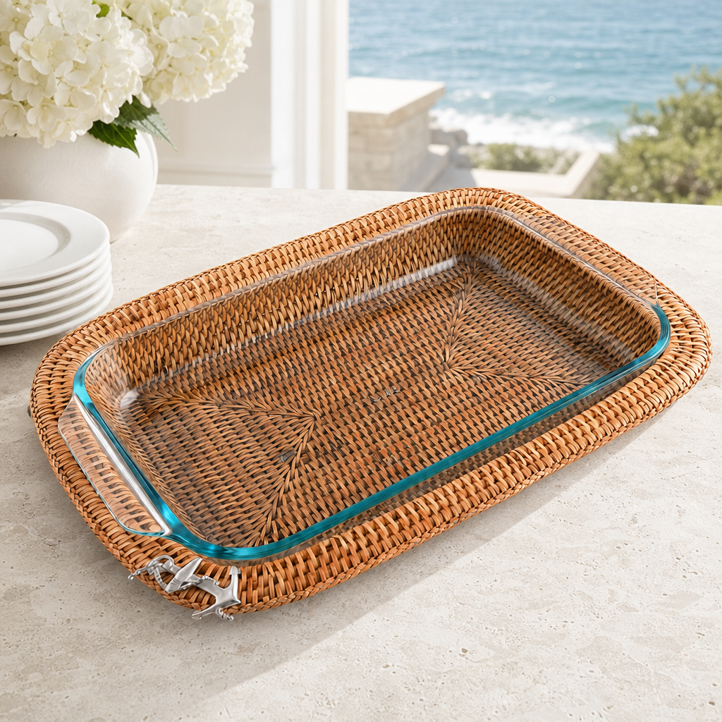 Anchor Hand Woven Wicker Rattan 3qt Rectangular Casserole Holder