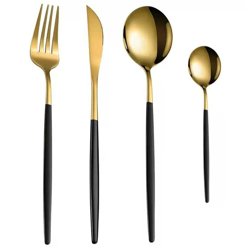 Stainless Steel Cutlery Set with Portuguese Gold Spray Painted Steak Knife, Fork, Spoon, and Tea Spoon 4-Piece Gift Pack