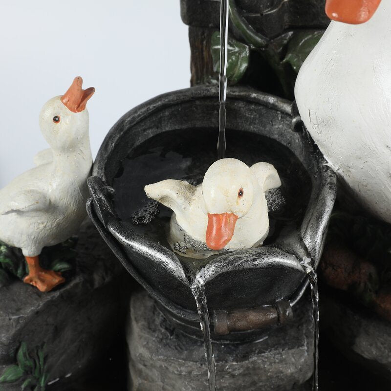 Solar resin duck garden fountain with LED squirrel design, outdoor decor (E2).