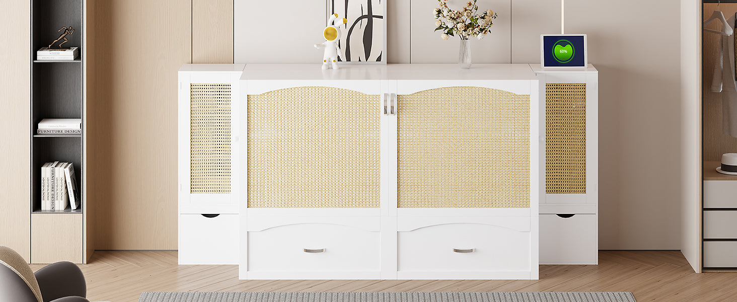 Large Murphy bed wall mounted bed with drawers, 2 storage cabinets, 1 set of sockets and USB ports, white