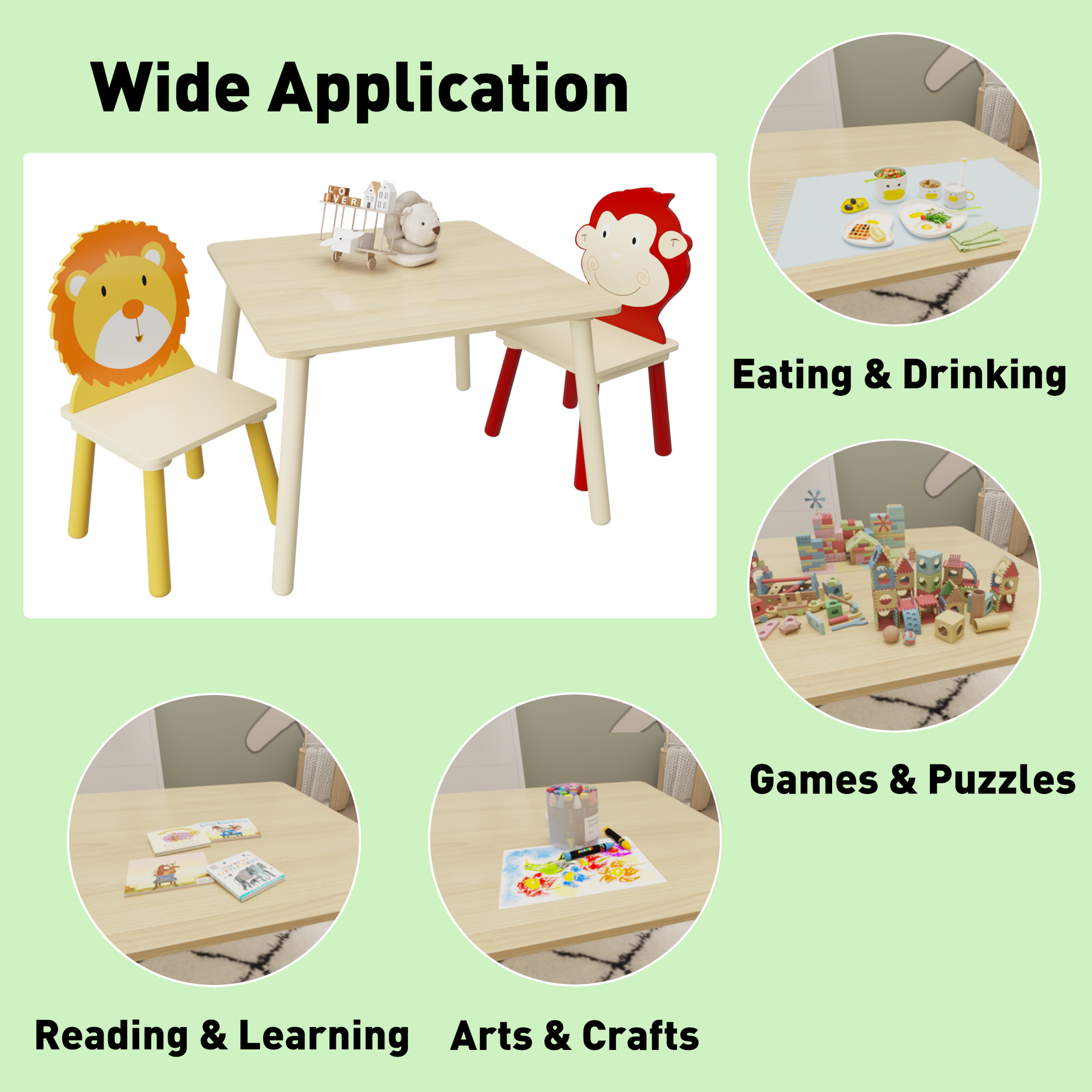 Kids Table and 2 Chairs Set 3 Pieces Toddler Table and Chair Set Wooden Activity Play Table Set (Lion&Monkey)