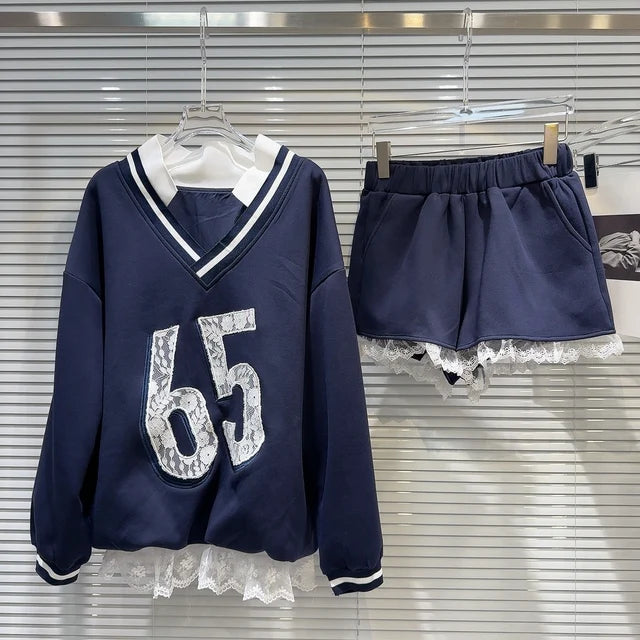 Autumn New Fashion Women's Set V-neck Digital Pattern Embroidered Hoodie Elastic Waist Lace Edge Shorts