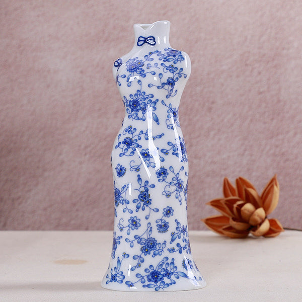 Ceramic ornaments blue and white porcelain mini vases cheongsam flower arrangements living room home decorations