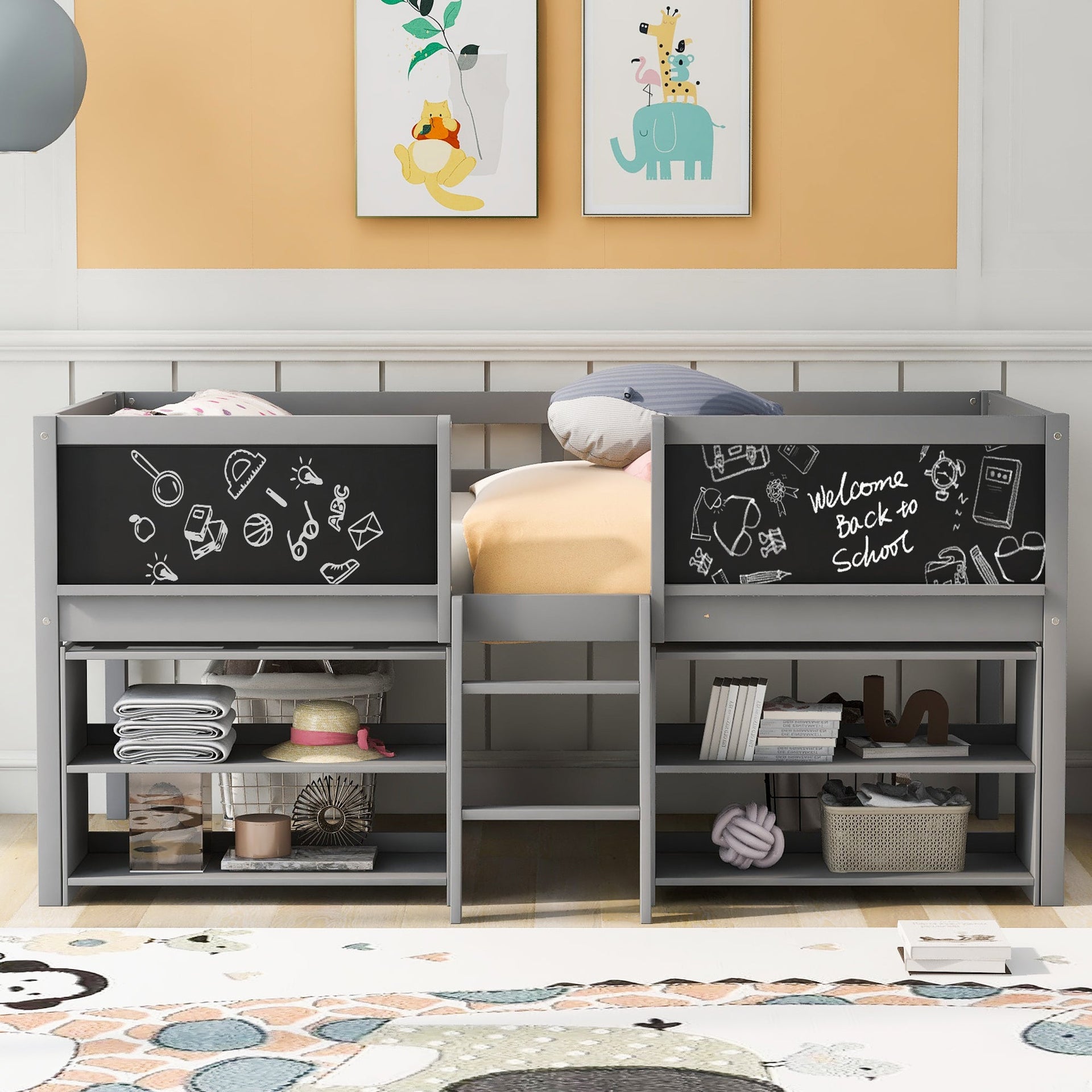 Twin Size Low Loft Bed with Two Movable Shelves and Ladder,with Decorative Guardrail Chalkboard,Gray
