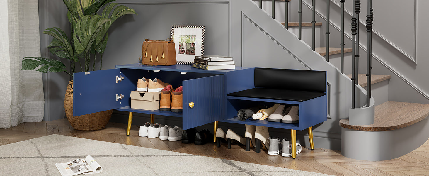 Modern Shoe Storage Bench with Hidden Storage and Upholstered Cushions for Bedside, Living Room and Entryway (Navy)