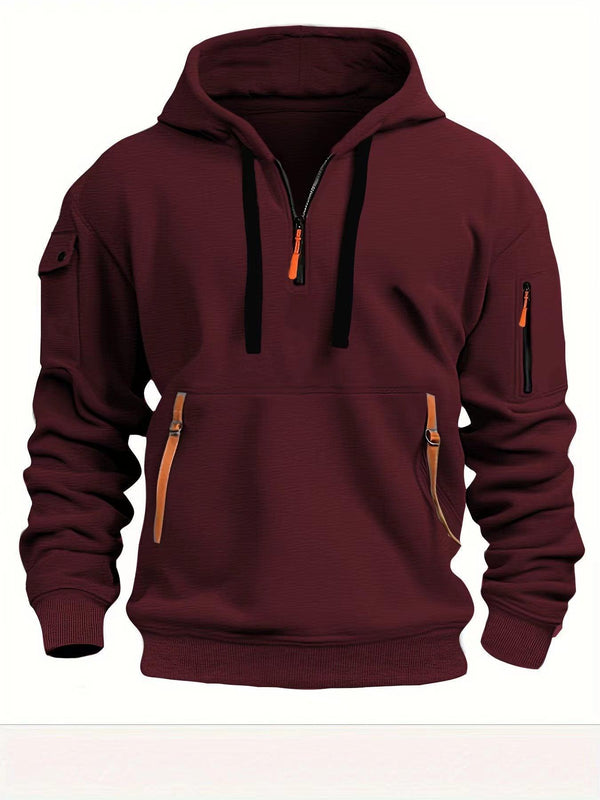 Half zip hoodie hooded sweatshirt with multiple pockets zipper pullover for men's sports and casual sweatshirt for men