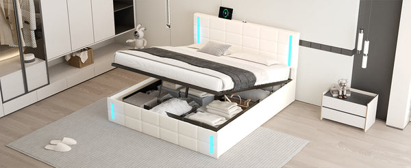 Queen Size Upholstered Bed with LED Lights,Hydraulic Storage System and USB Charging Station,White V.I.P Digital Presence