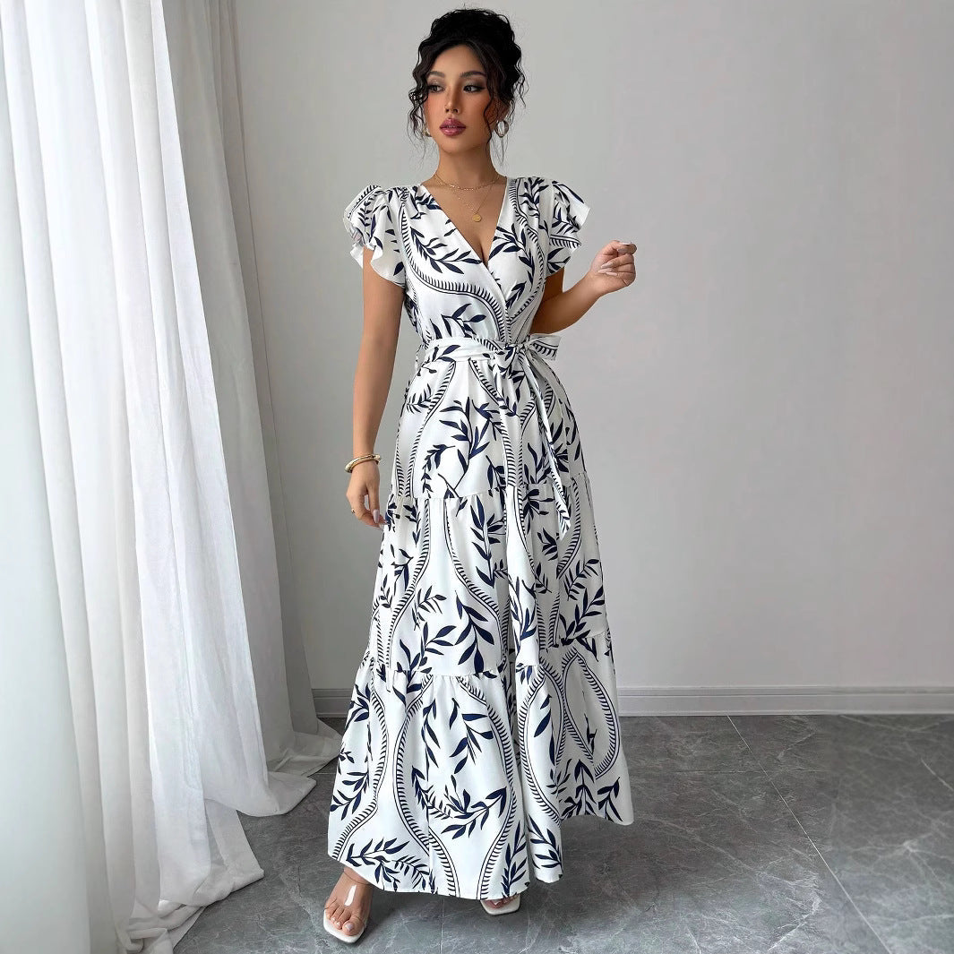 Spring Summer New Printed Ruffled V-Neck Sexy Fitted Slimming Long Dress Gown