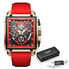 Lige New Men's Watch Square Multifunction Chronograph 30M Waterproof Watch - Tape Rose Gold Red