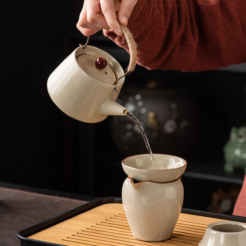 Ru Kiln Chinese Kung Fu Tea Set Household Ceramic Xishi Pot Hovering Cover Bowl Tea Cup Set