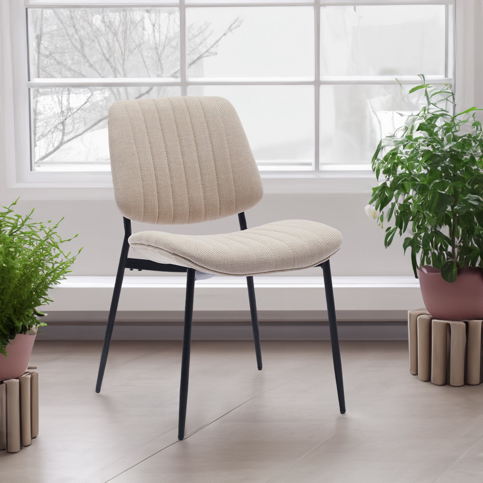 2-piece retro linen chair set with curved wooden backrest, cushioned seat, adjustable metal legs, (Beige Linen)