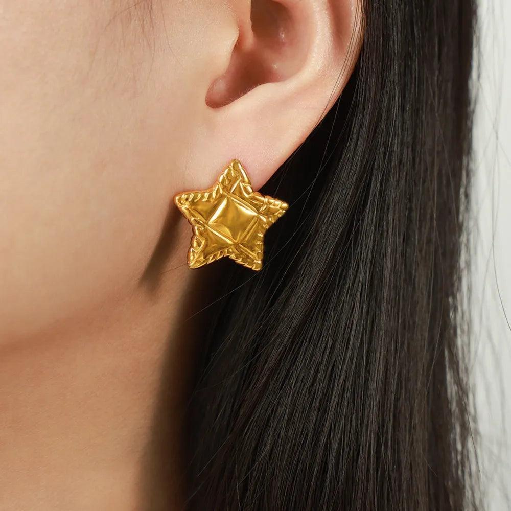Minimalist and Personalized Geometric Jewelry Texture Lace Pentagram Design Titanium Steel Earrings