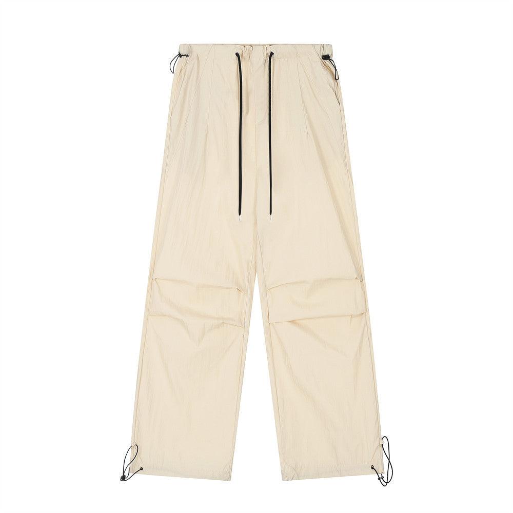 Wrinkled Casual Straight Cargo Pants Men's American Loose Solid Color Thin Sports Drawstring Cuffed Long Trousers