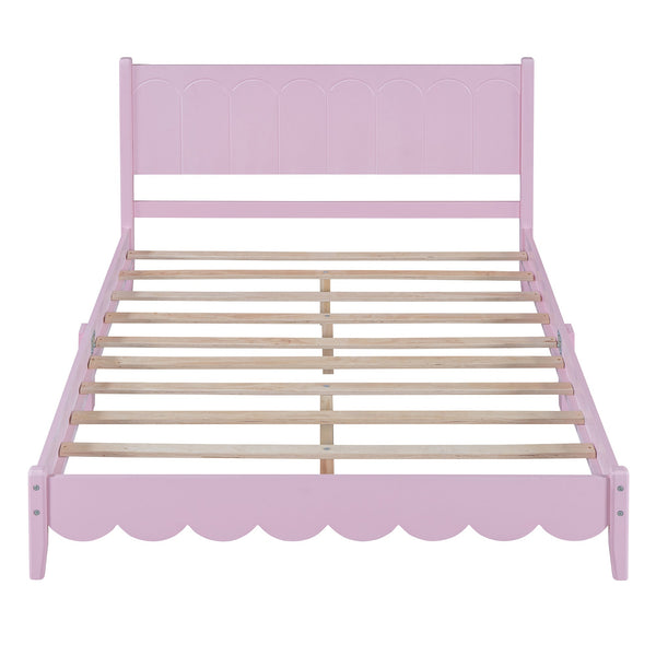 Full Size Wood Platform Bed Frame, Retro Style Bed with Rectangular Headboard,No Need Box Spring,Pink