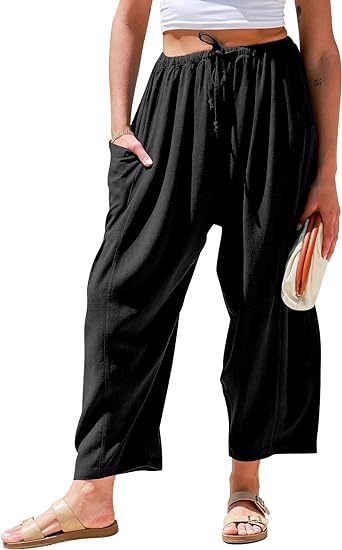 European and American women's elastic waisted pleated high waisted wide leg loose Haren cotton linen pants