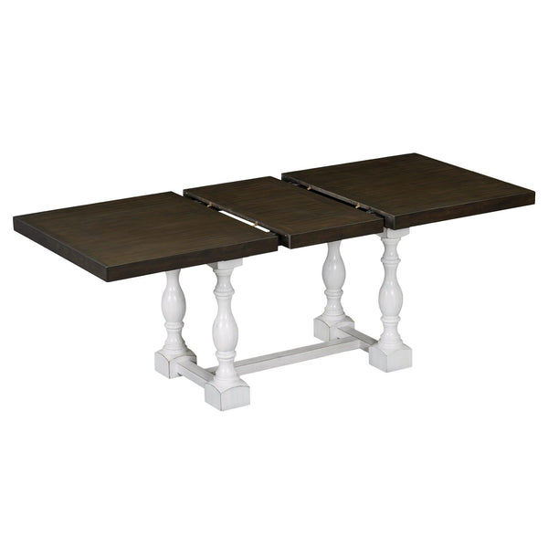 Traditional 6-Piece 78inch Trestle Extendable Dining Table Set with One 18inch Removable Leaf Distressed White