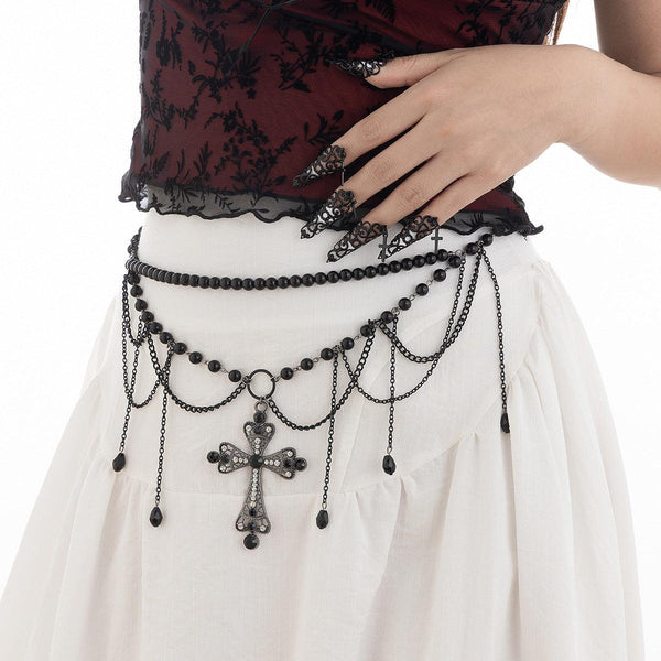 Dark Wind Cross Iron Chain Waist Chain Multi layer Versatile Tassel Crystal Body Chain Female