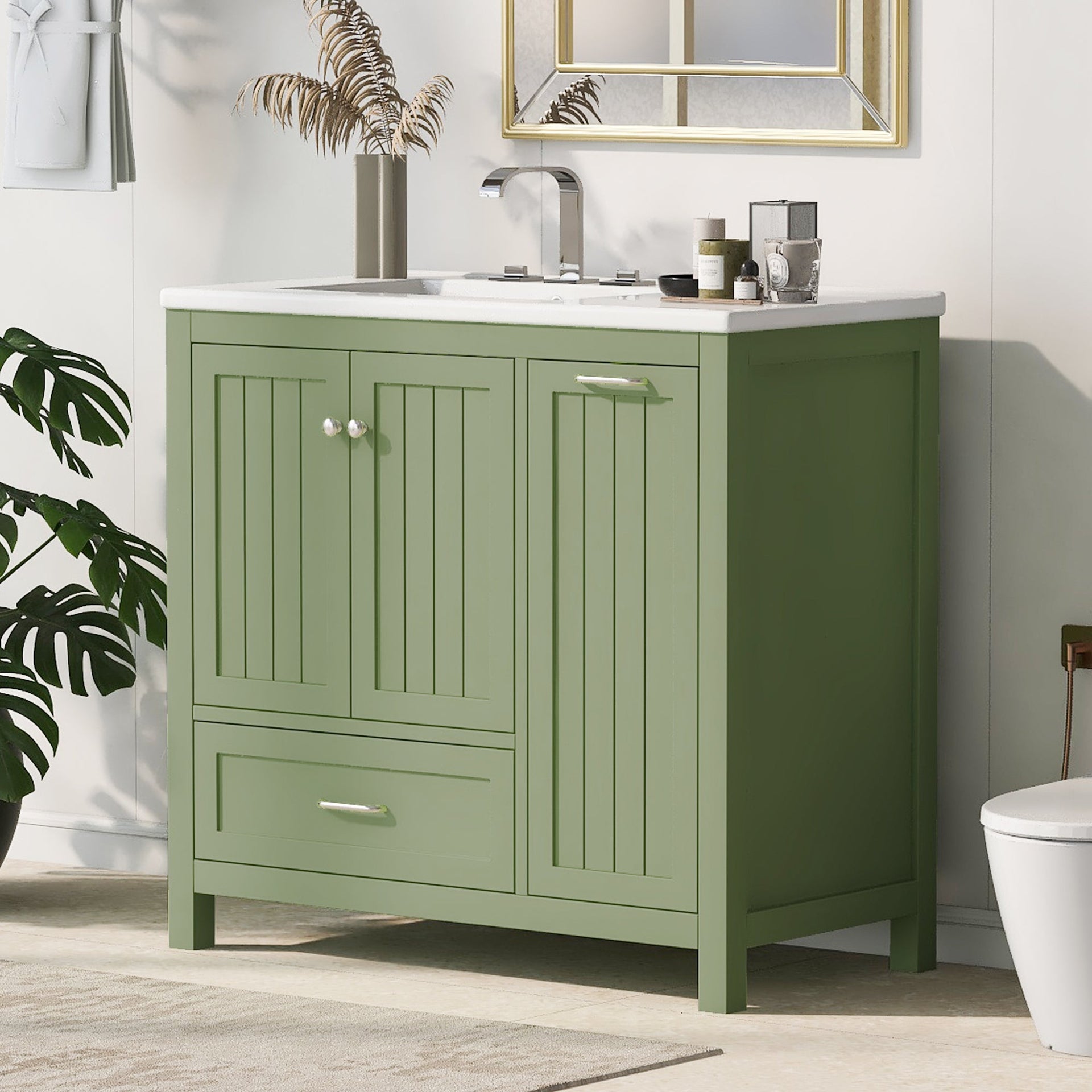 36 inch bathroom vanity with sink, one double door cabinet one large drawer and one flip drawer solid wood and MDF board, green