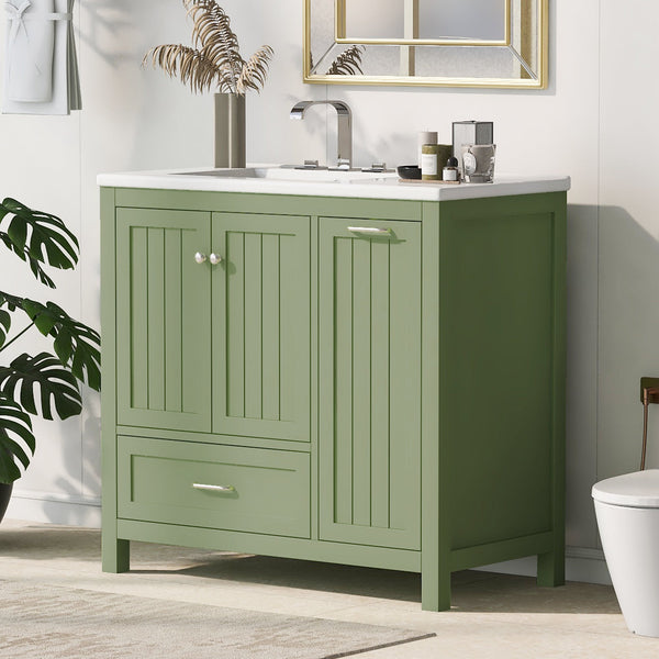 36 inch bathroom vanity with sink, one double door cabinet one large drawer and one flip drawer solid wood and MDF board, green