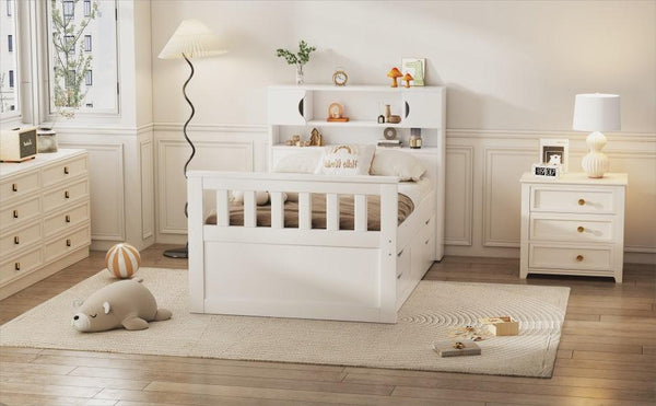Twin Size Captain Platform Bed Frame with Storage Bookcases and Shelves,Four Drawers,White