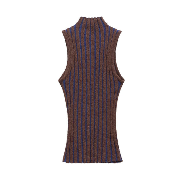 Half high neck sleeveless slim knit sweater for women