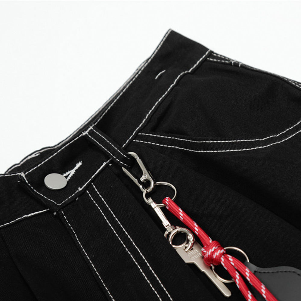 High Street American Style Workwear Cargo Shorts for Men with Topstitching Design and Metal Accessories, Multi-Pocket Denim Shorts