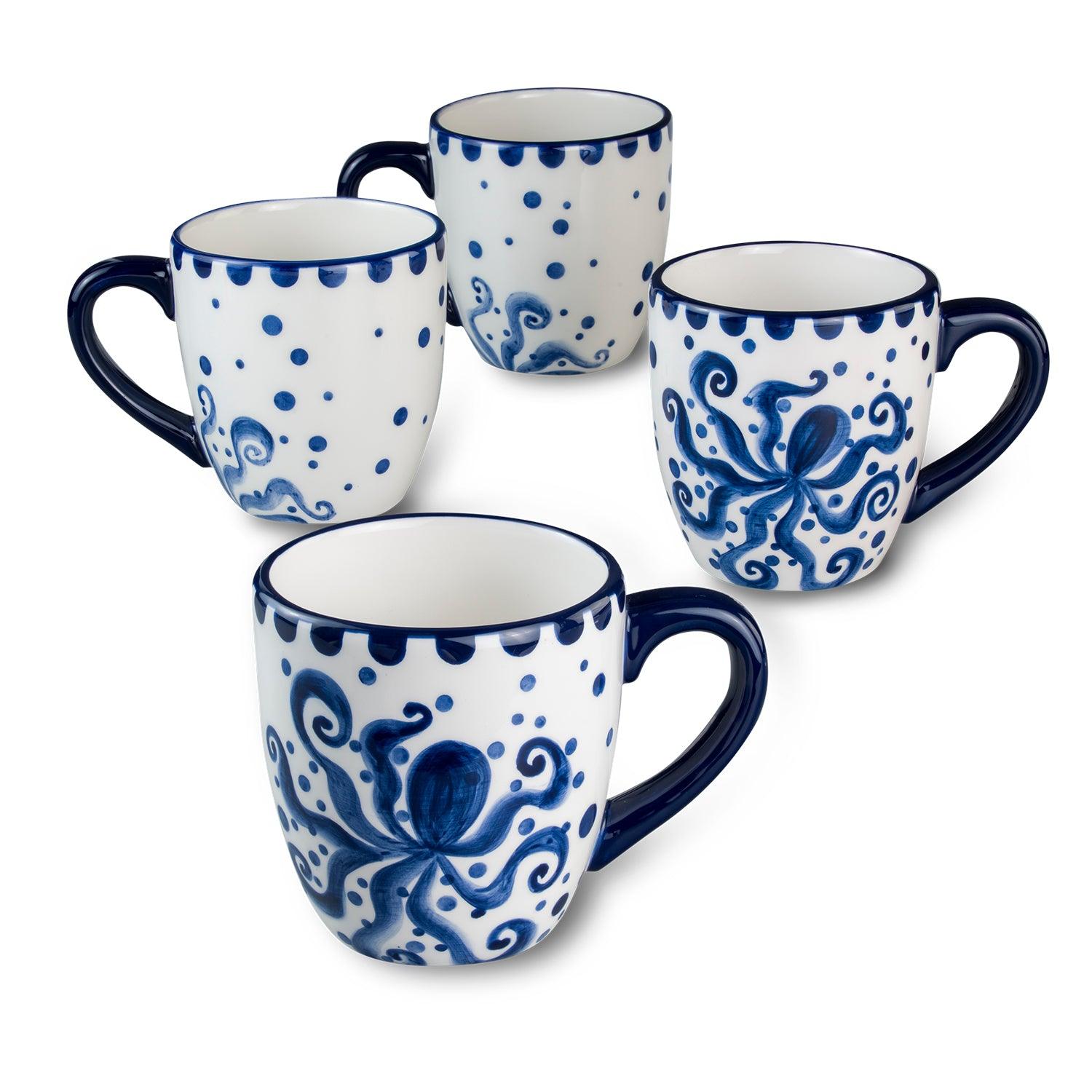 Costa Azul Hand Painted Octopus Design 4 Pieces Mugs Set