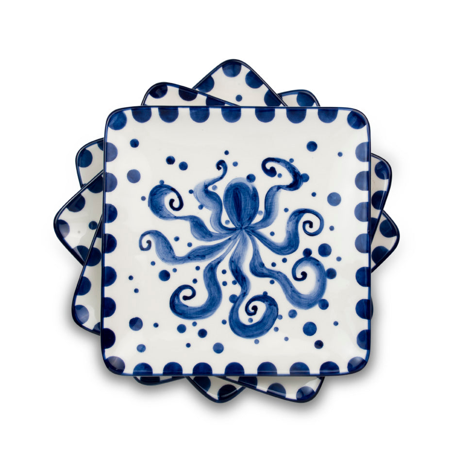 Costa Azul 4-Piece Hand Painted Octopus design Ceramic Canapes Appetizers Plates Set