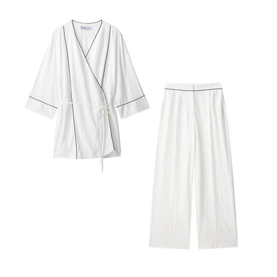 Style Women's Fashion Casual Rolled Edge Double-Breasted Jacket Wide Leg Pants