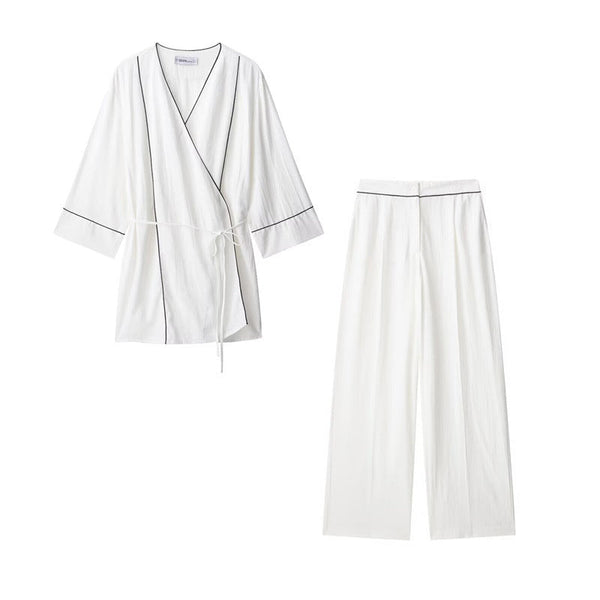 Style Women's Fashion Casual Rolled Edge Double-Breasted Jacket Wide Leg Pants