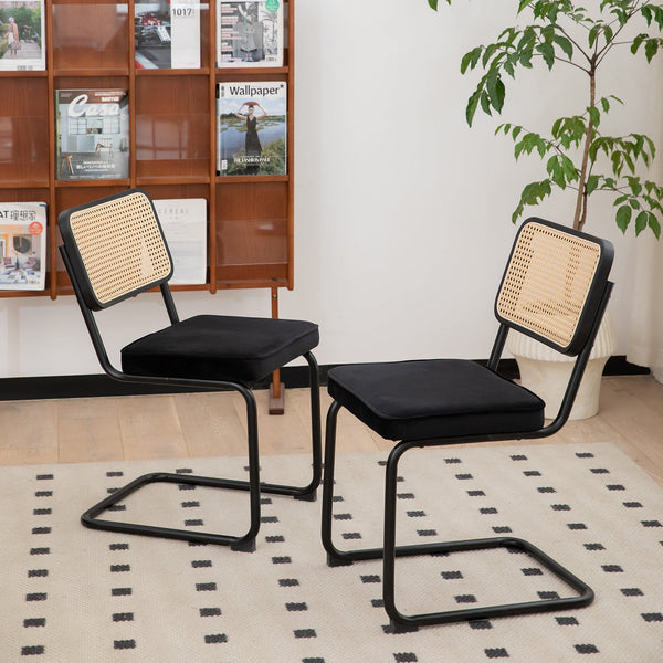 Dining Chairs Set of 2 velvet wicker side decorative chairs, black painted legs, modern medieval Bruell designed chairs,