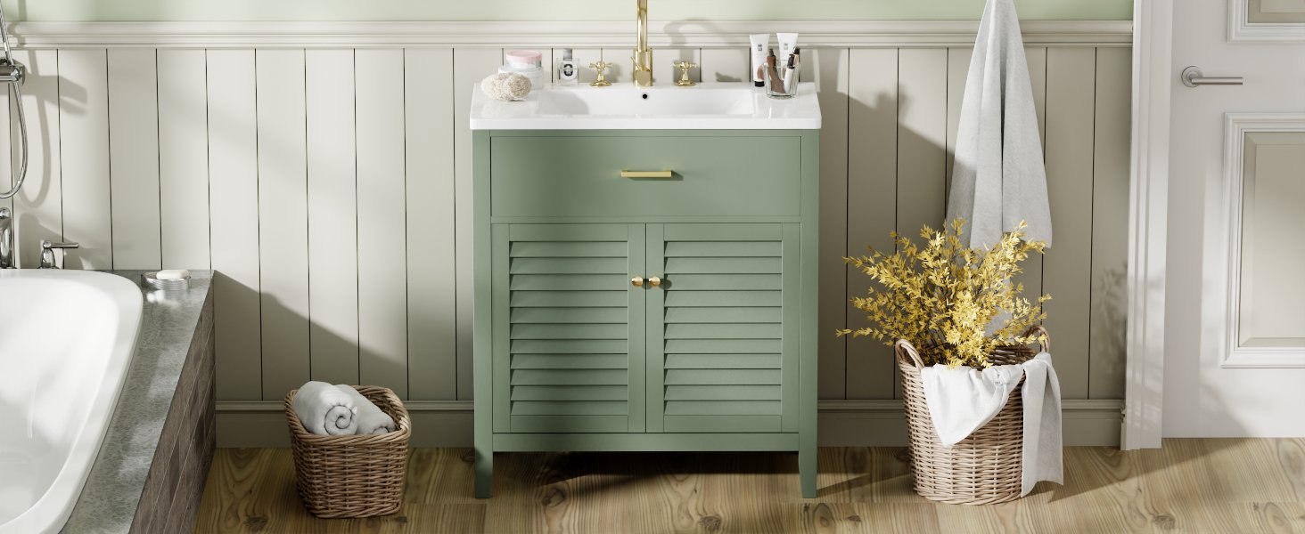 30-Inch Bathroom Vanity with Ceramic Sink Combination, Ample Storage - Features 1 Pullout and Multifunctional Shelf Dividers