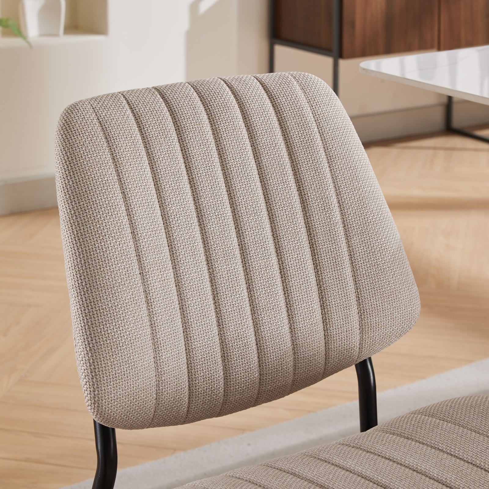 2-piece retro linen chair set with curved wooden backrest, cushioned seat, adjustable metal legs, (Beige Linen)