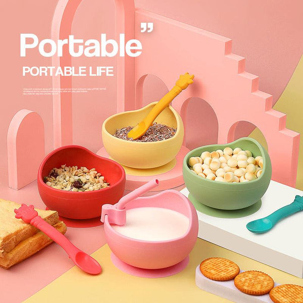 Children's Full Silicone Bowl Sucker Learning To Eat Training Meal Bowl Adsorption Baby Spoon Fork Meal Set Kindergarten Bowl Plate