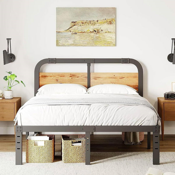 California King Heavy Duty Black Metal Bed Frame with Wood Panel Headboard