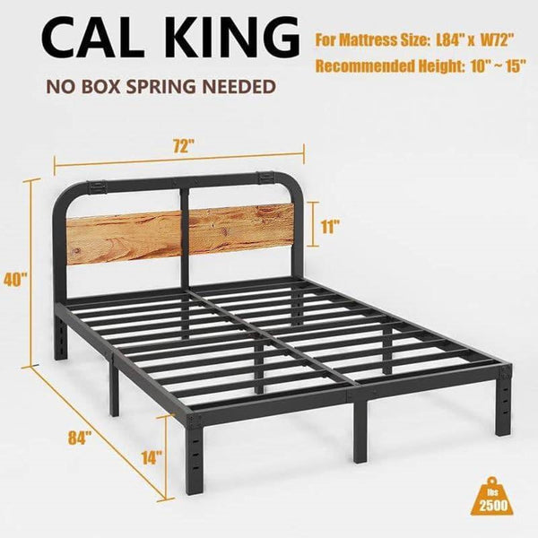 California King Heavy Duty Black Metal Bed Frame with Wood Panel Headboard