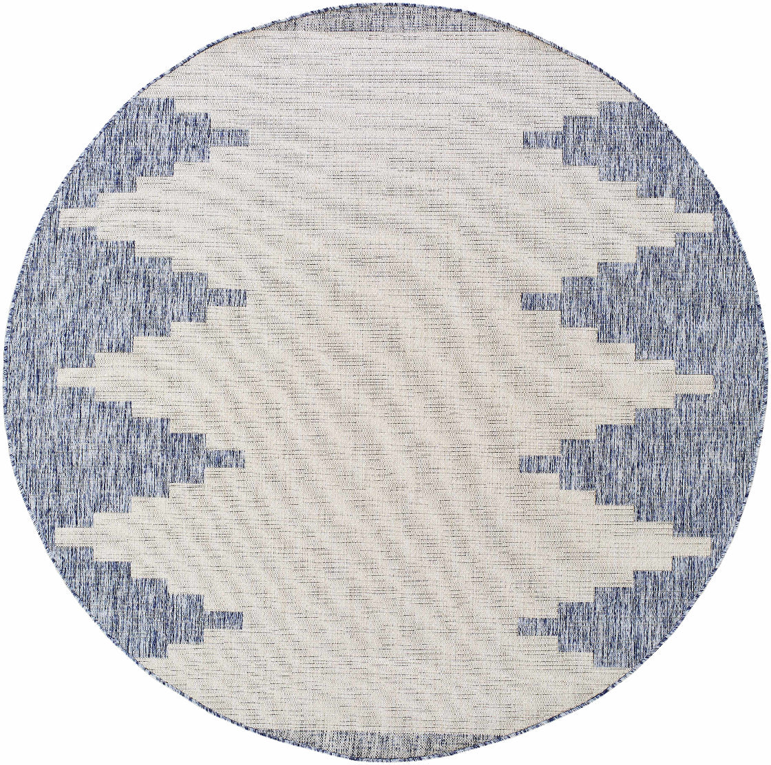 Round rug with blue and white pattern on a white background