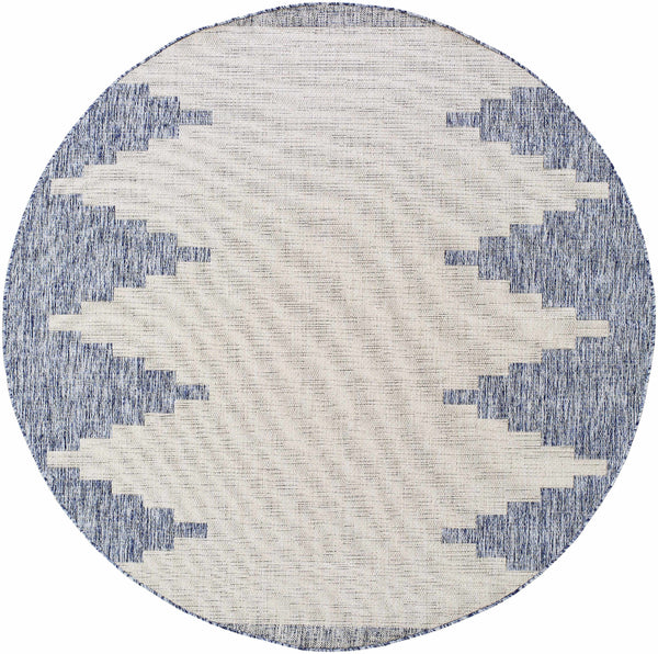Round rug with blue and white pattern on a white background