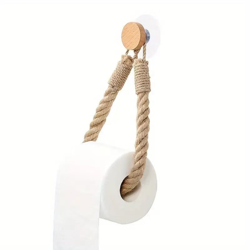 Wooden Hook Seamless Adhesive No Drilling Handmade Woven Hemp Rope Towel Rack Tissue Holder Bathroom Toilet