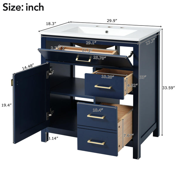 30-Inch Blue Bathroom Vanity with Ceramic Sink and Ample Storage - Ideal Choice for Small Bathrooms