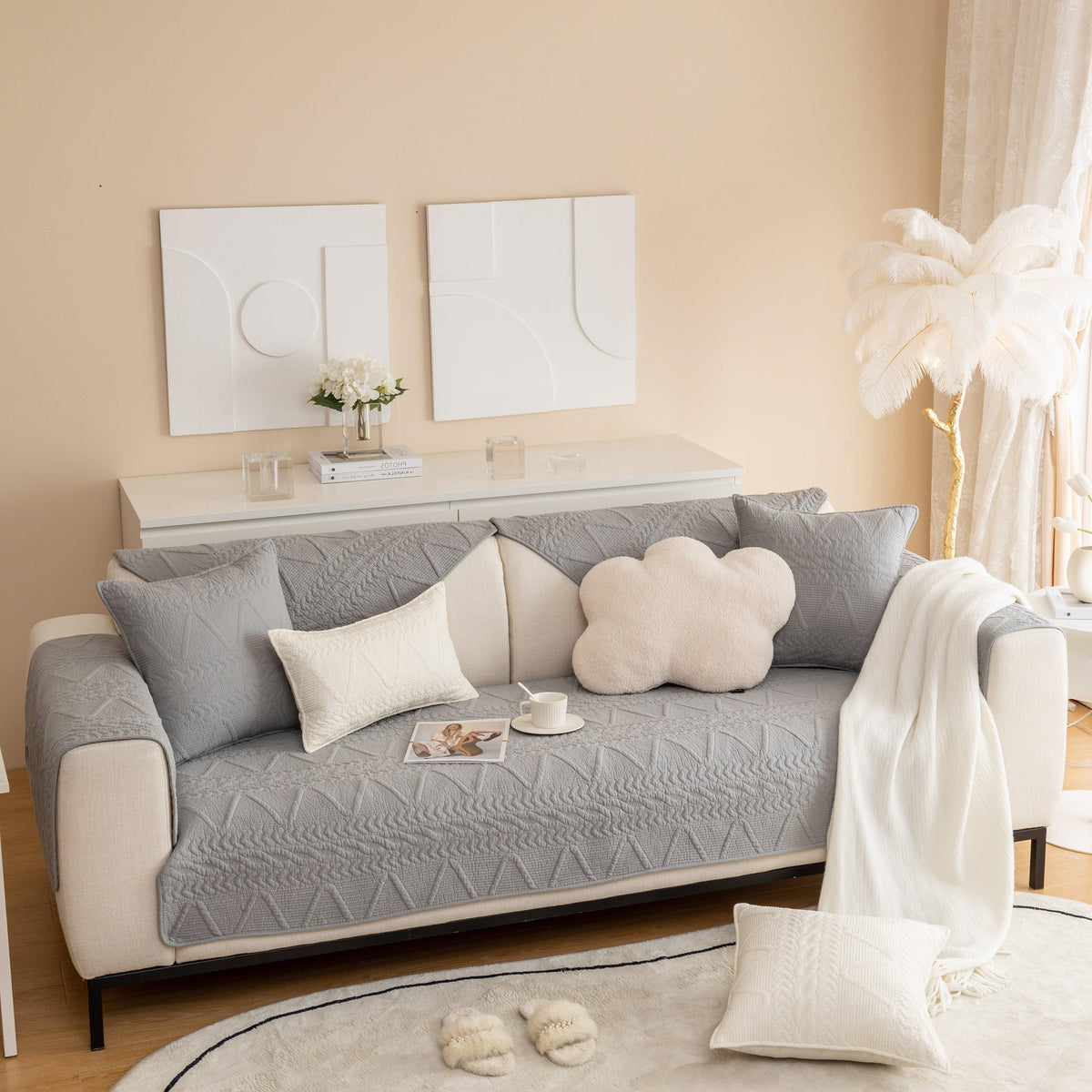 Geometric Textured Cotton Quilted Sofa Cover, Non-Slip Washable Couch Protector