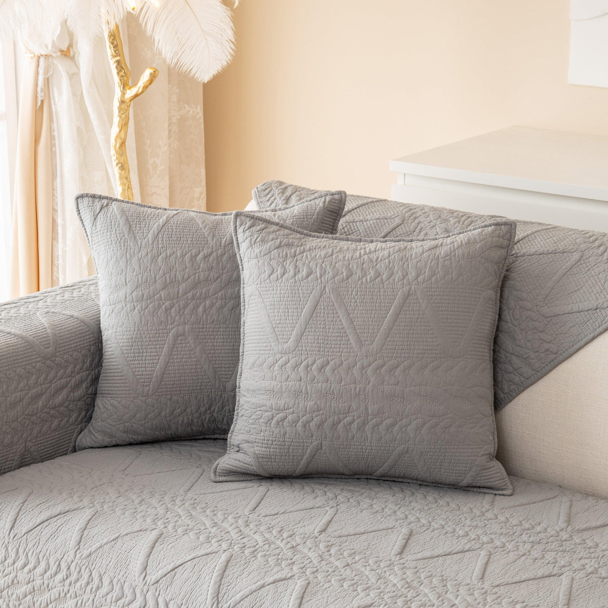 Geometric Textured Cotton Quilted Sofa Cover, Non-Slip Washable Couch Protector