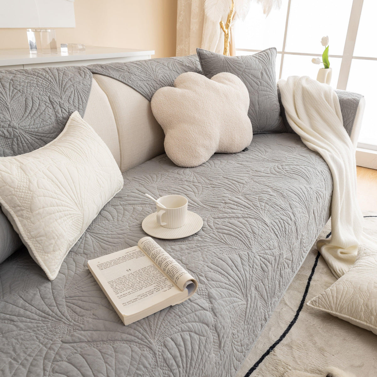 Embossed Leaf Cotton Quilted Sofa Cover Non-Slip Couch Protector with Thick Padding