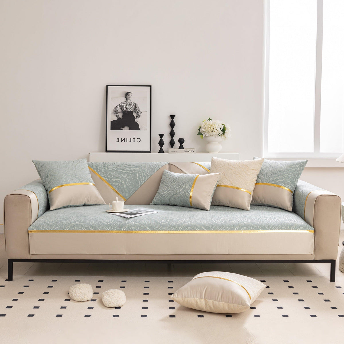Modular Sofa Cover for Sectionals, Gold Striped Non-Slip Couch Protector