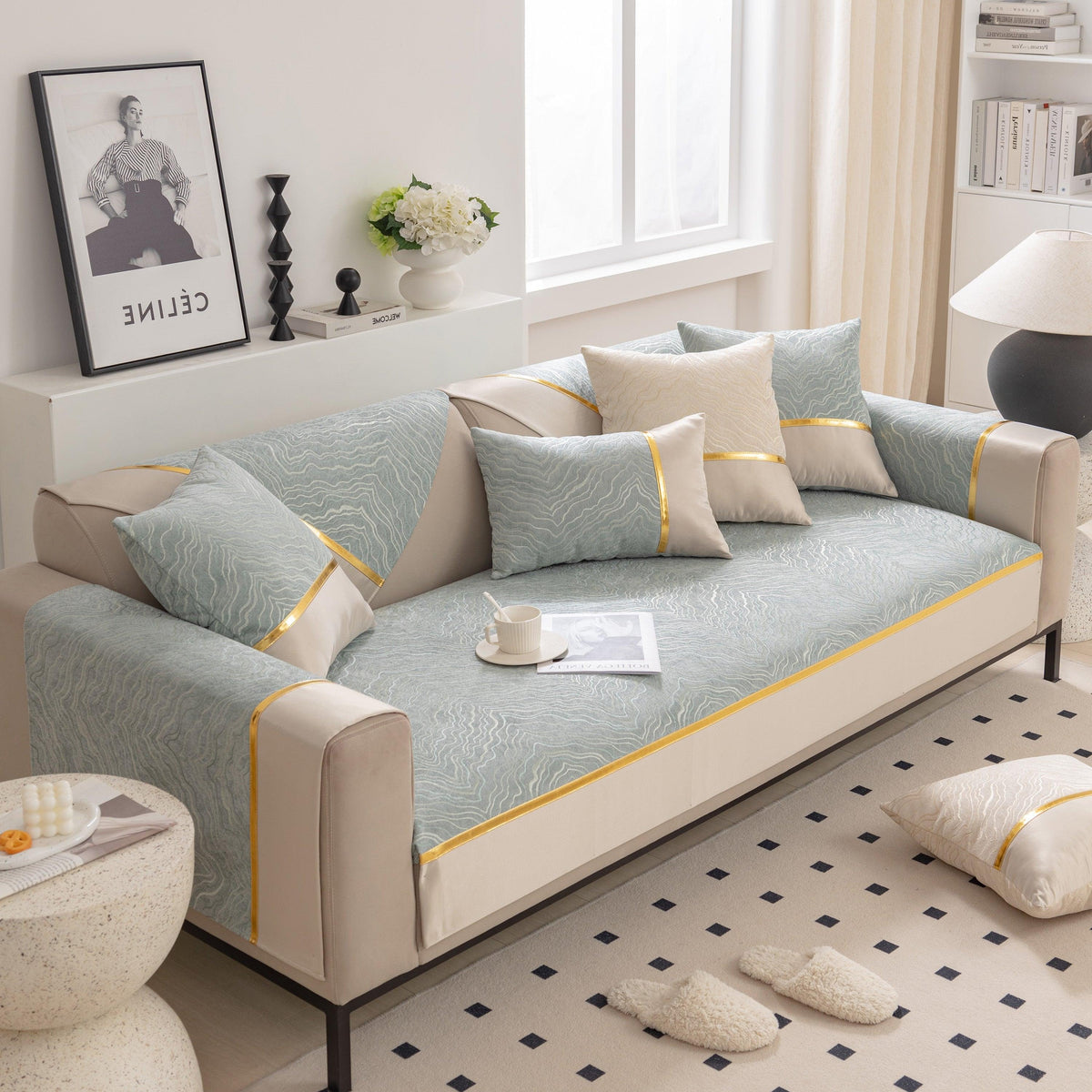 Modular Sofa Cover for Sectionals, Gold Striped Non-Slip Couch Protector