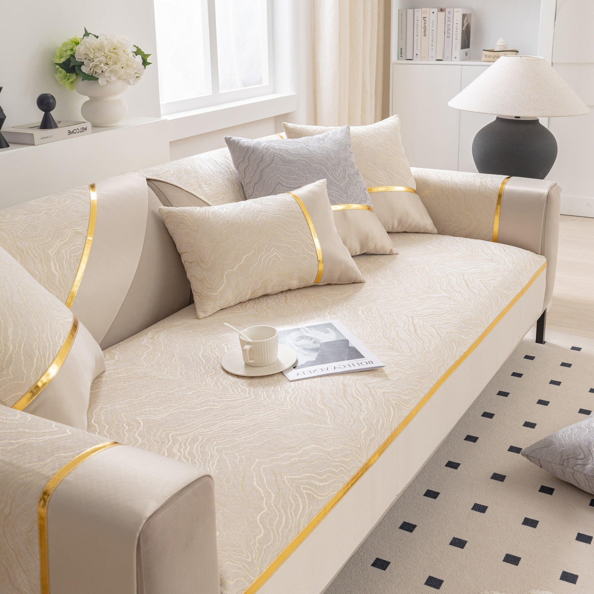 Modular Sofa Cover for Sectionals, Gold Striped Non-Slip Couch Protector