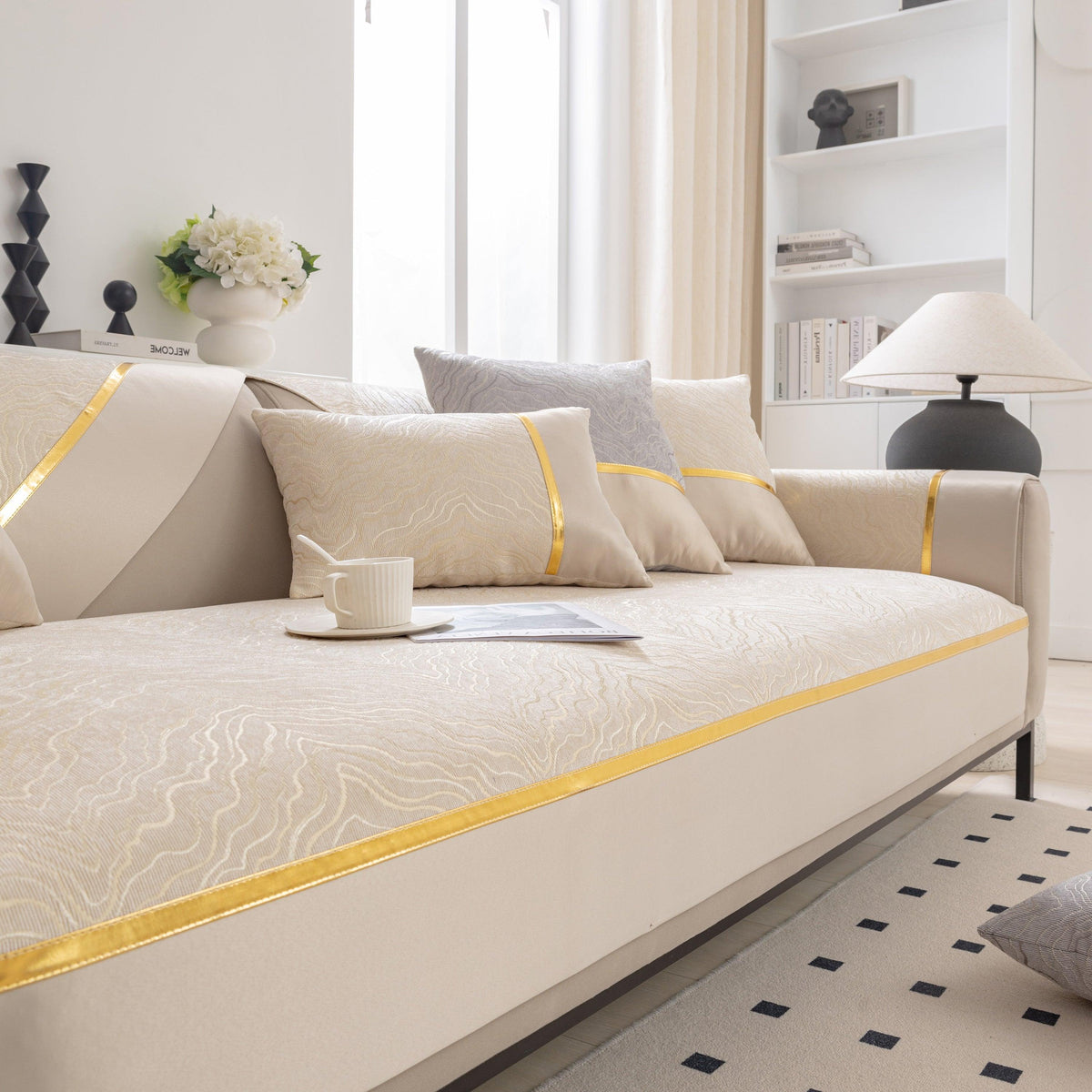 Modular Sofa Cover for Sectionals, Gold Striped Non-Slip Couch Protector