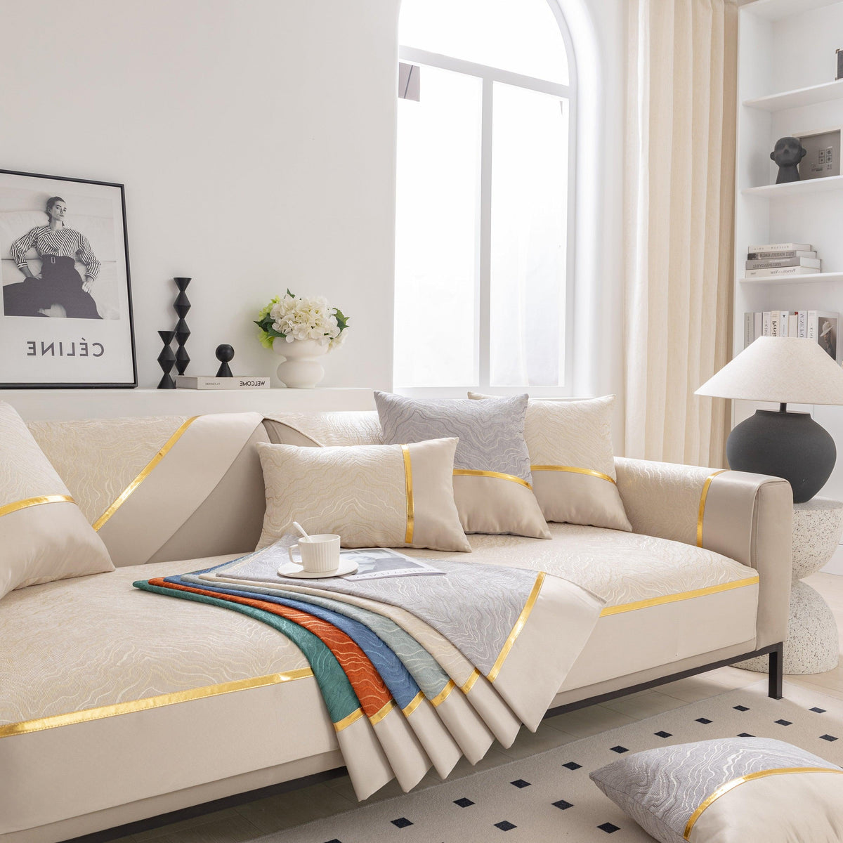 Modular Sofa Cover for Sectionals, Gold Striped Non-Slip Couch Protector