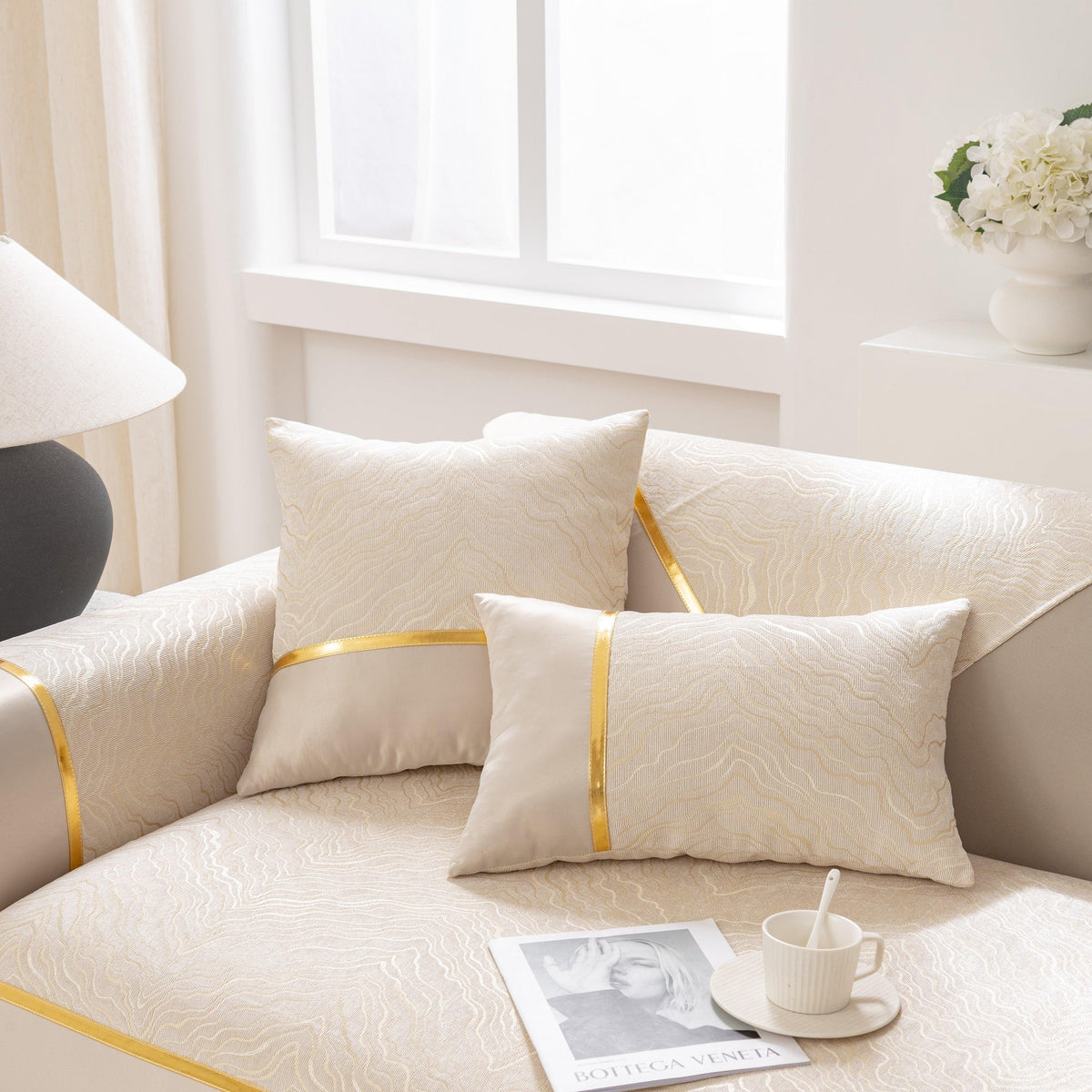 Modular Sofa Cover for Sectionals, Gold Striped Non-Slip Couch Protector