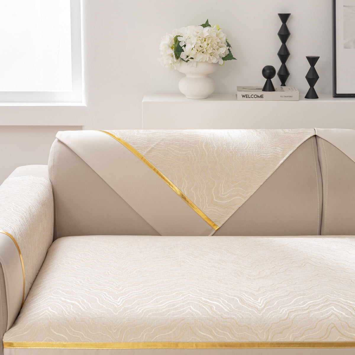 Modular Sofa Cover for Sectionals, Gold Striped Non-Slip Couch Protector